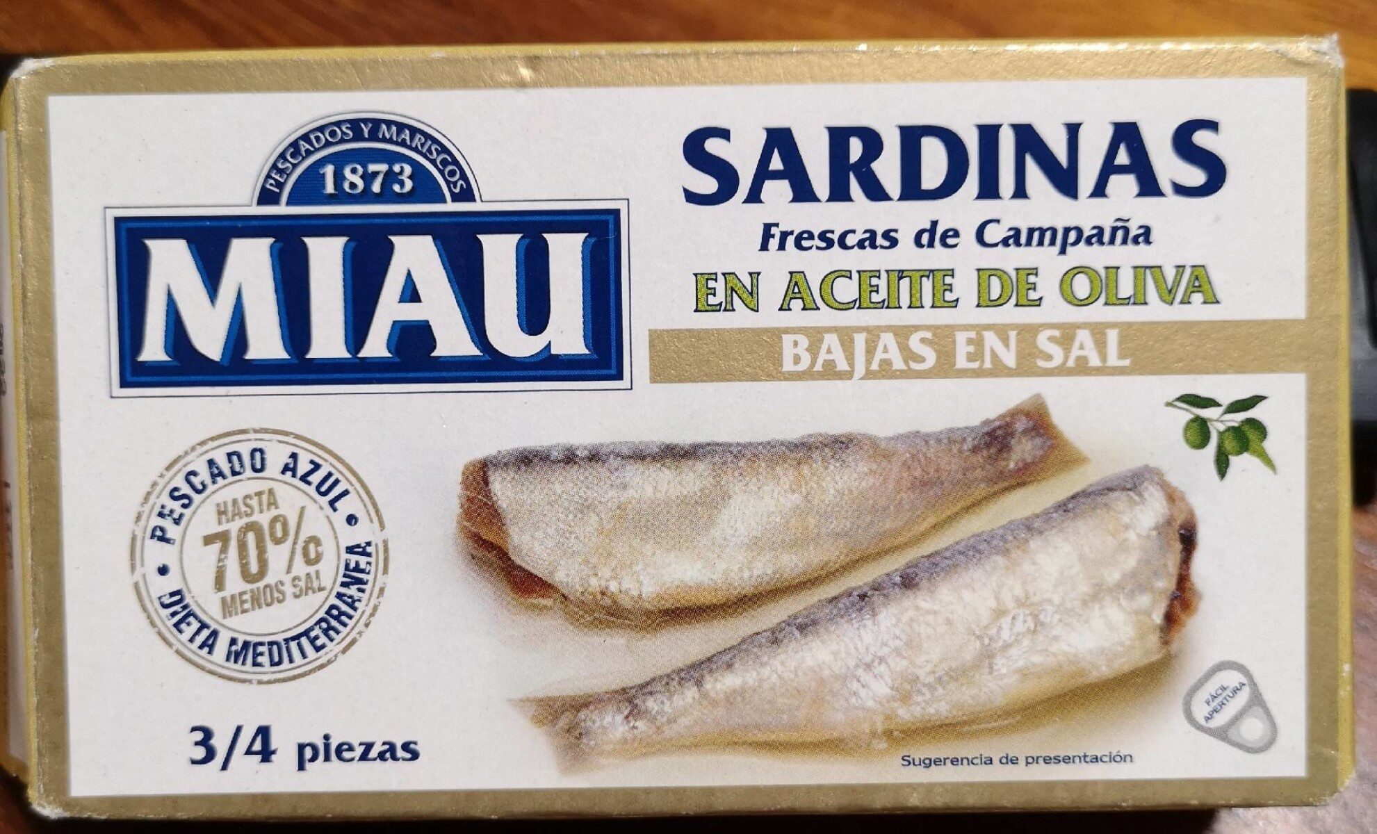 SARDINAS ACEITE OLIVA BAJO SAL MIAU 120g.