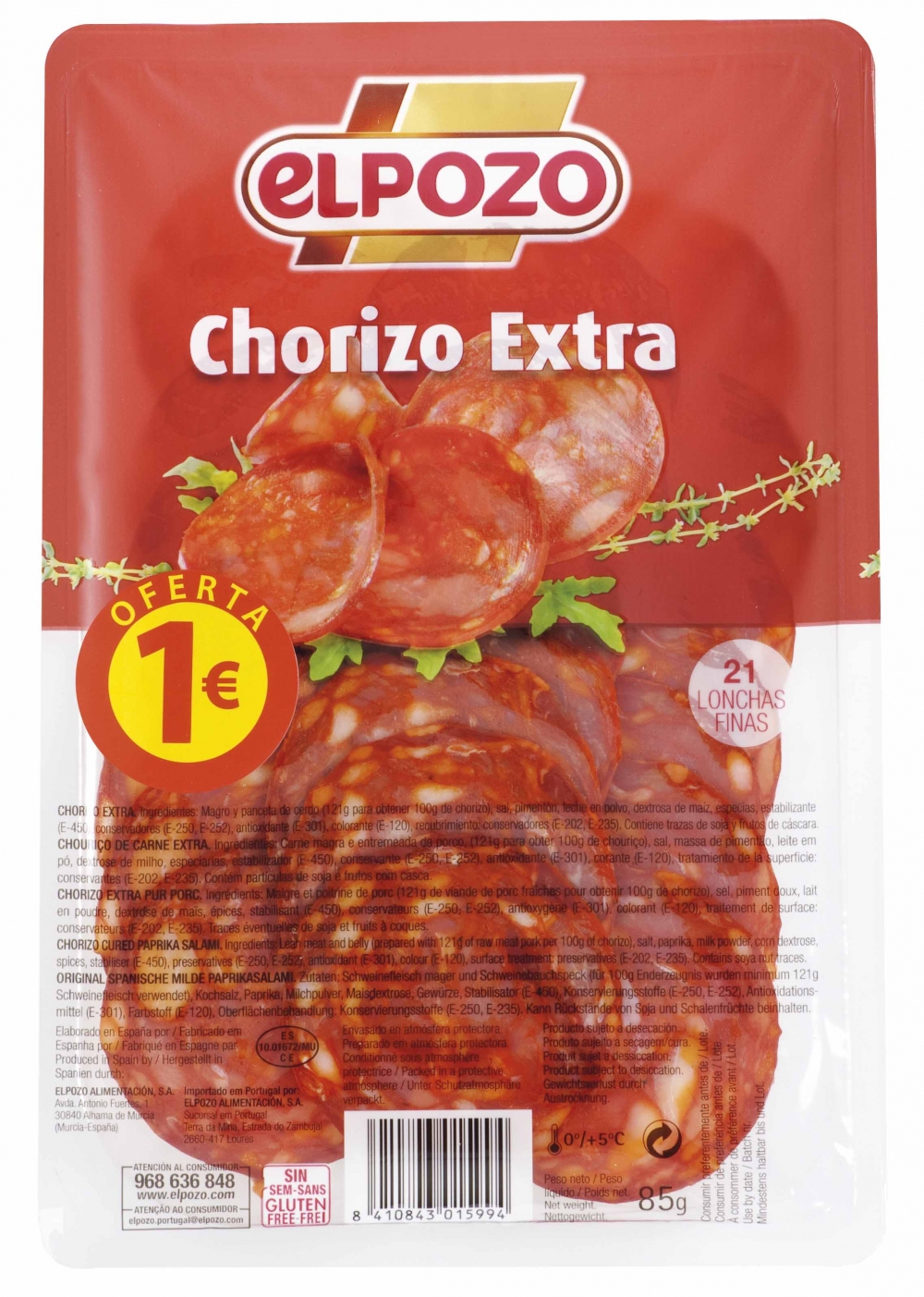 CHORIZO EXTRA LONCHEADO ELPOZO 65 g.