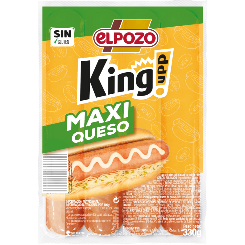 SALCHICHAS KING UPP QUESO ELPOZO 330g.